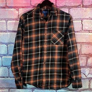 Arizona Jean Co Men’s Plaid Flannel Shirt Medium Black Orange Cotton Button-Up